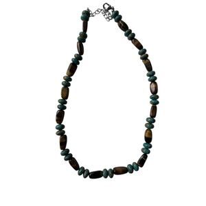 Vintage Pottery & Stone Beaded Necklace Tiger Eye, Turquoise Southwestern Boho